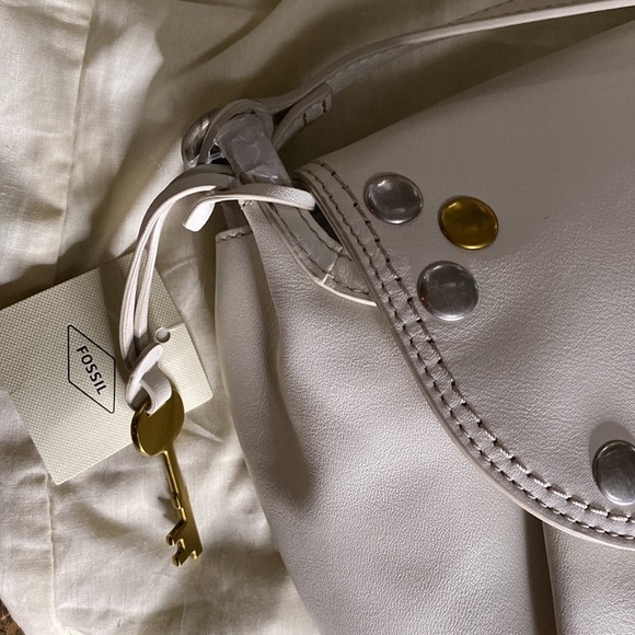 Fossil White Leather GiGi  Studded Flap Closure Adjustable Angora Crossbody Bag - Picture 14 of 16